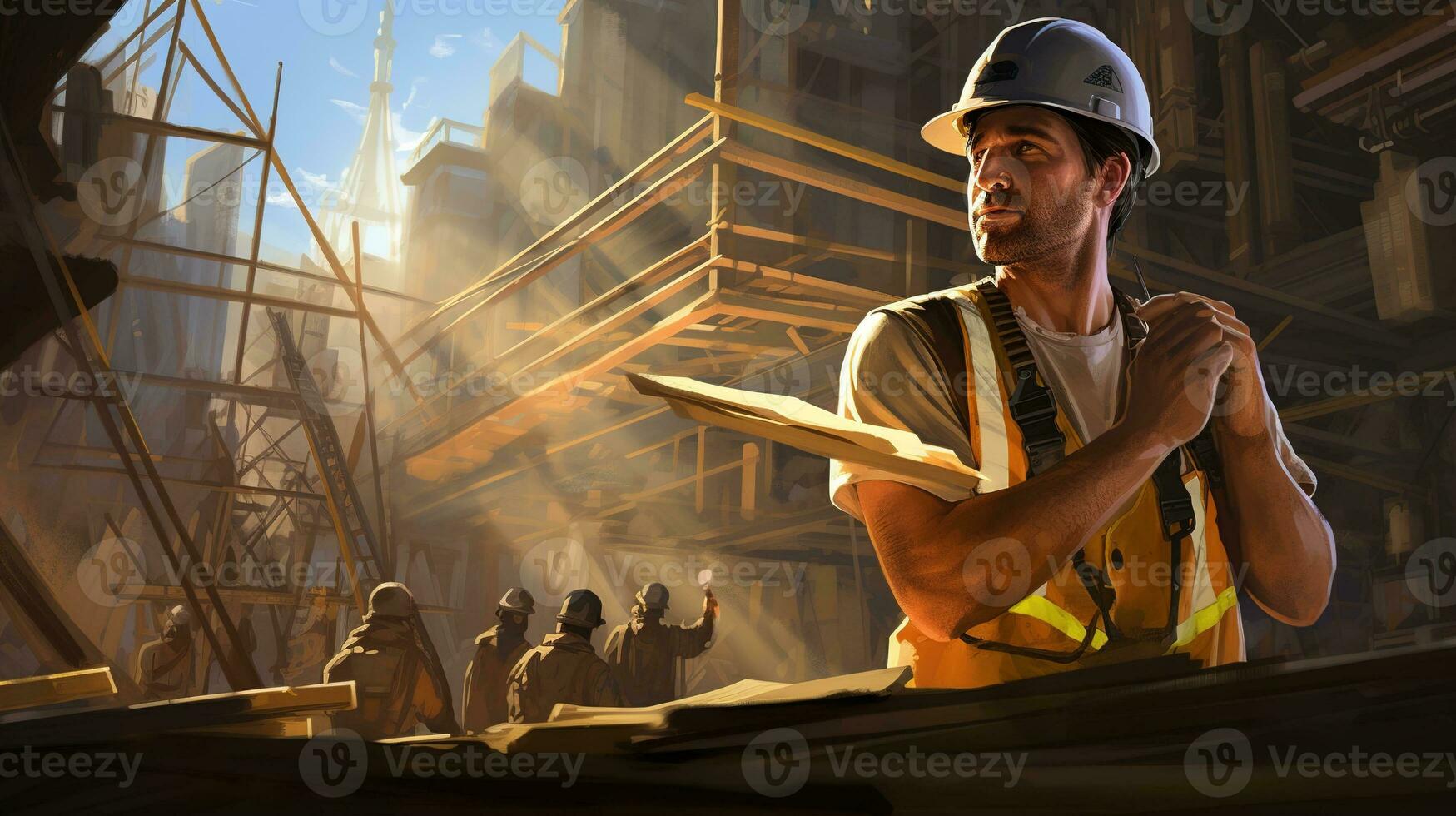 a man in a hard hat and safety vest is standing in front of a construction site.  AI generative photo