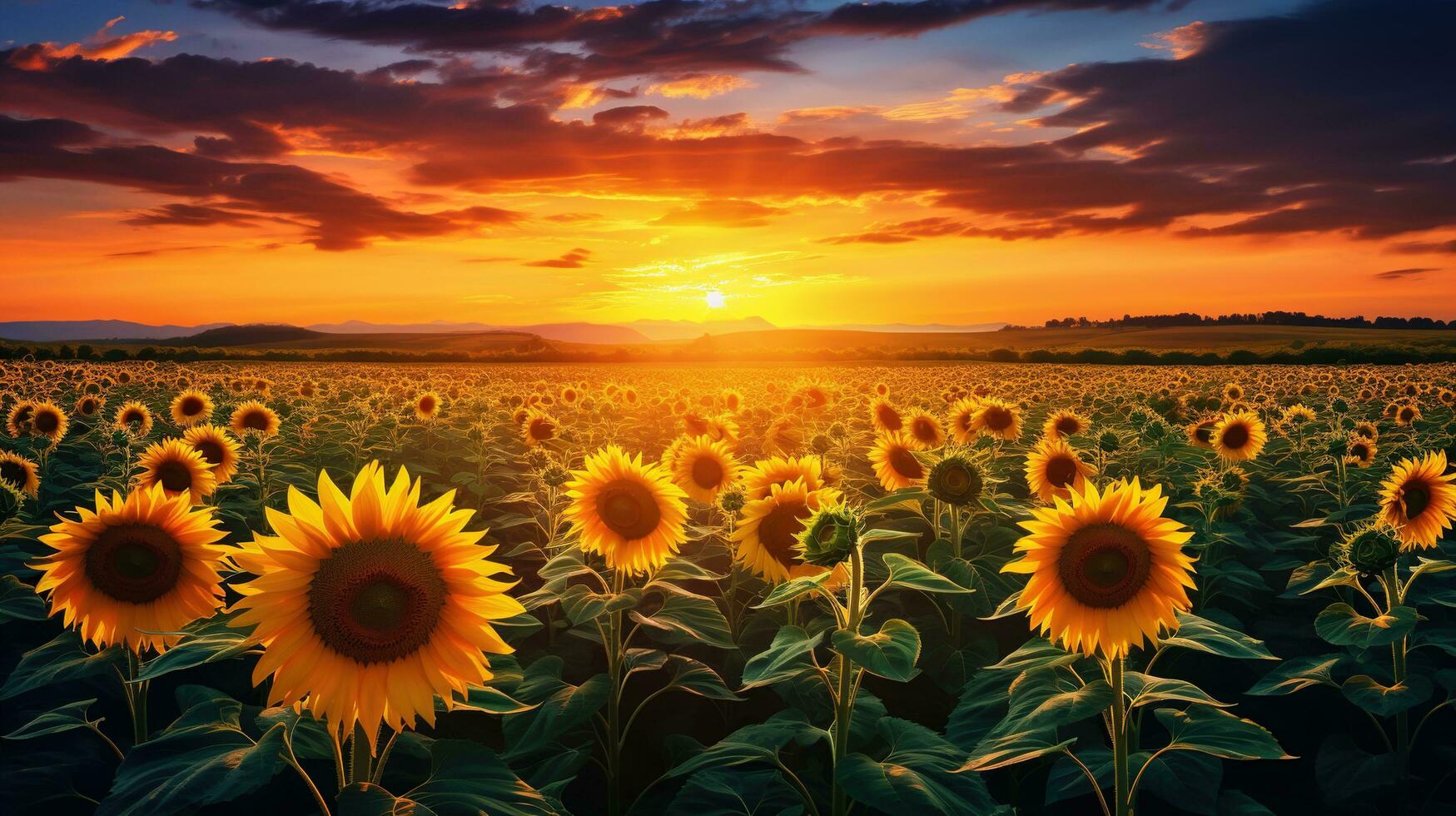 sunflowers in a field at sunset. AI generative photo