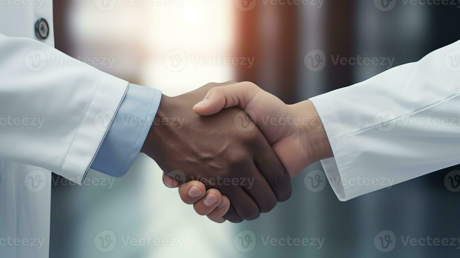 two doctors shaking hands in an office.  AI generative photo