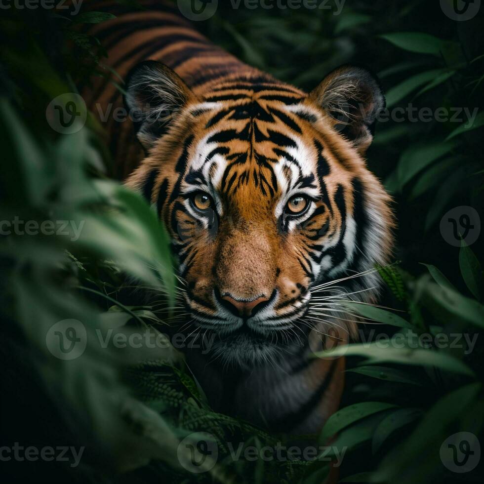 detailed close up portrait of tiger animal in jungle bushes, generative aii photo