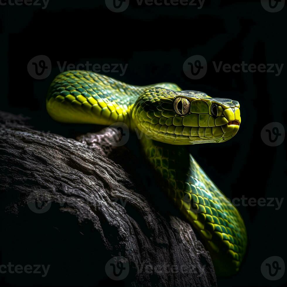 cerca arriba retrato de verde serpiente o árbol serpiente aislado en negro fondo, generativo ai foto