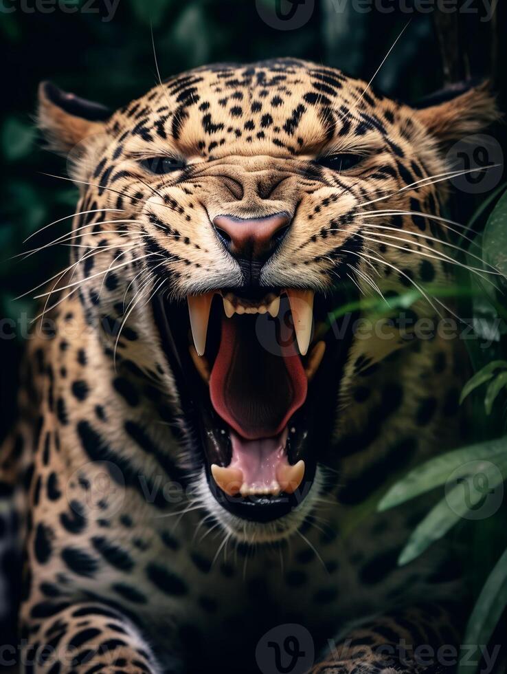 detailed close up portrait of a roaring leopard, generative ai photo