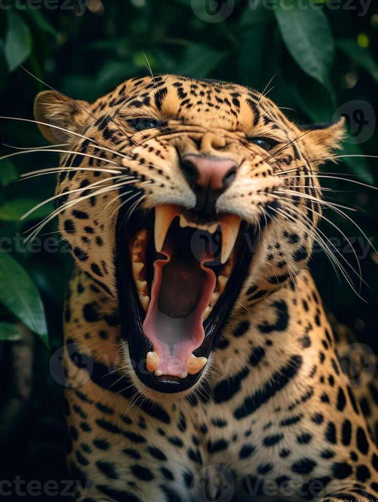 detailed close up portrait of a roaring leopard, generative ai photo