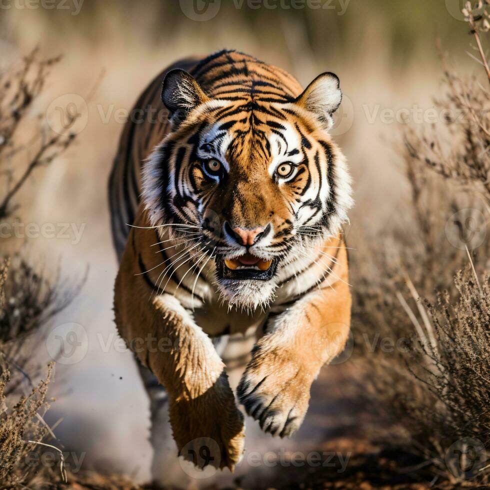 detailed portrait of the tiger animal running, preying, chasing, generative ai photo