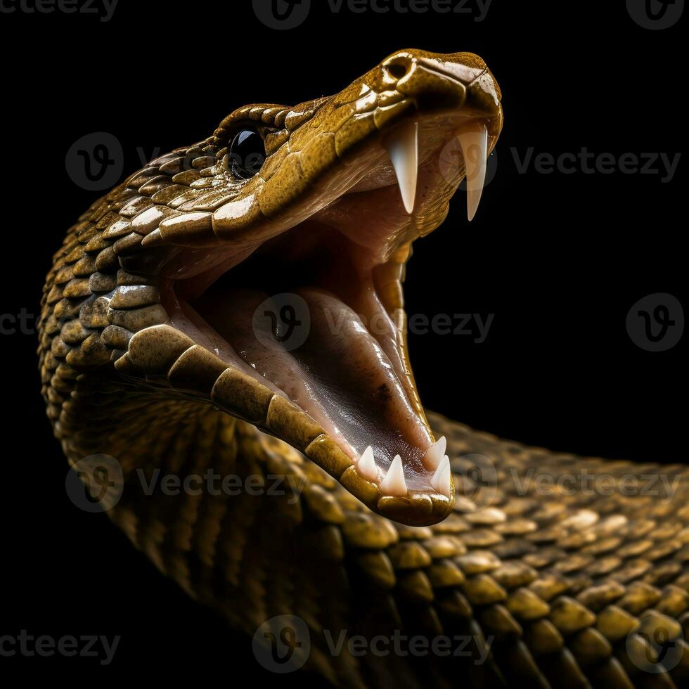 close up portrait of cobra snake isolated on black background, generative ai photo