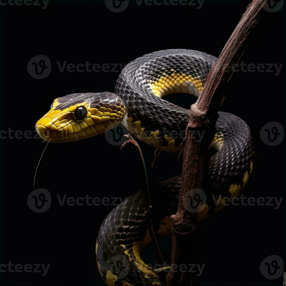 de cerca retrato de verde serpiente en negro fondo, generativo ai foto