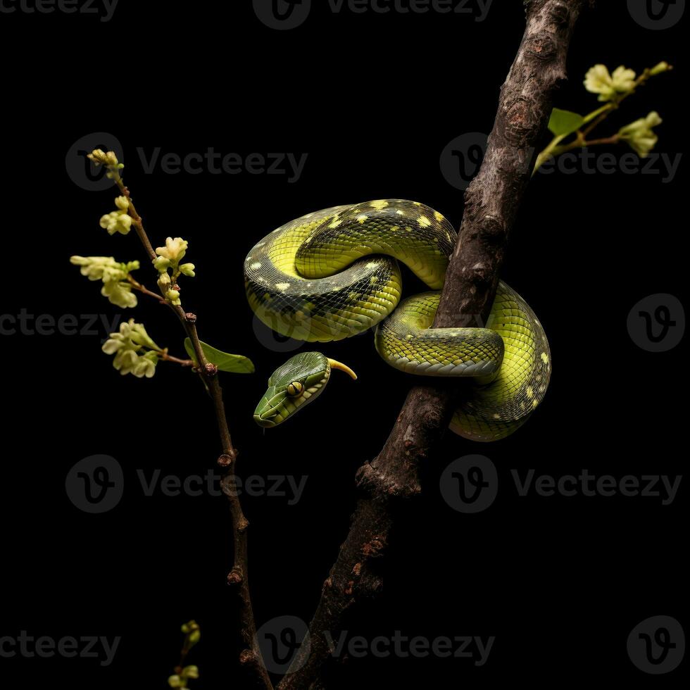 cerca arriba retrato de verde serpiente o árbol serpiente aislado en negro fondo, generativo ai foto