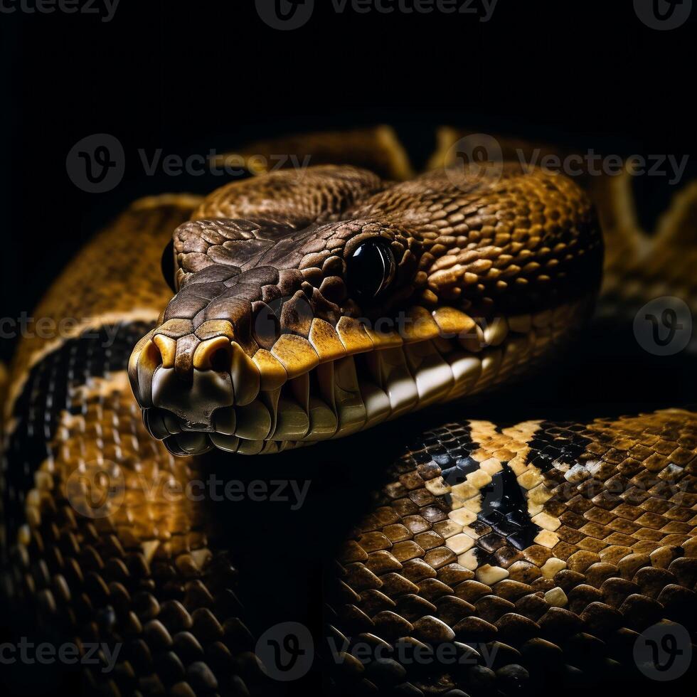 close-up studio portrait of anaconda snake on black background, generative ai photo