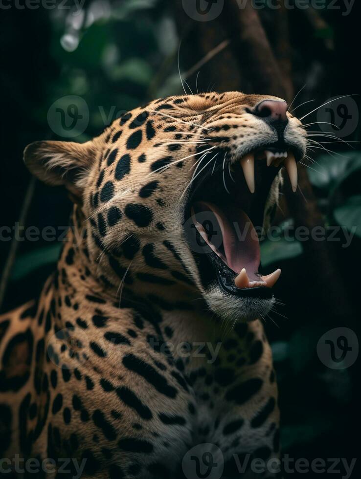 detallado cerca arriba retrato de un rugido leopardo, generativo ai foto