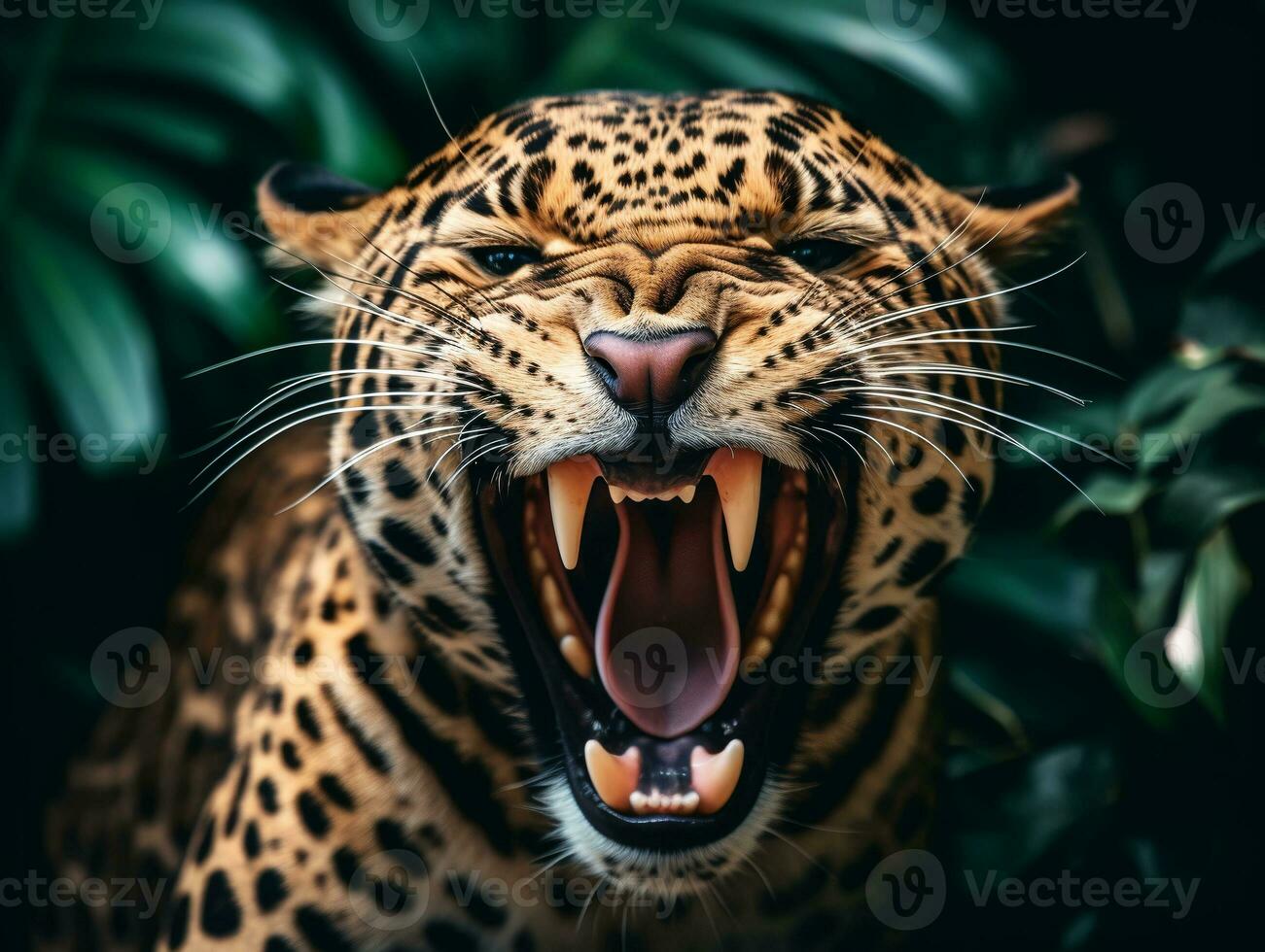 detailed close up portrait of a roaring leopard, generative ai photo