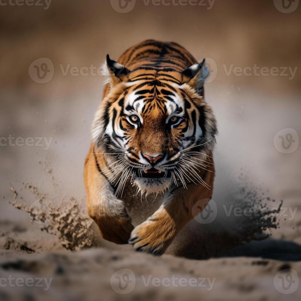 detailed portrait of the tiger animal running, preying, chasing, generative ai photo