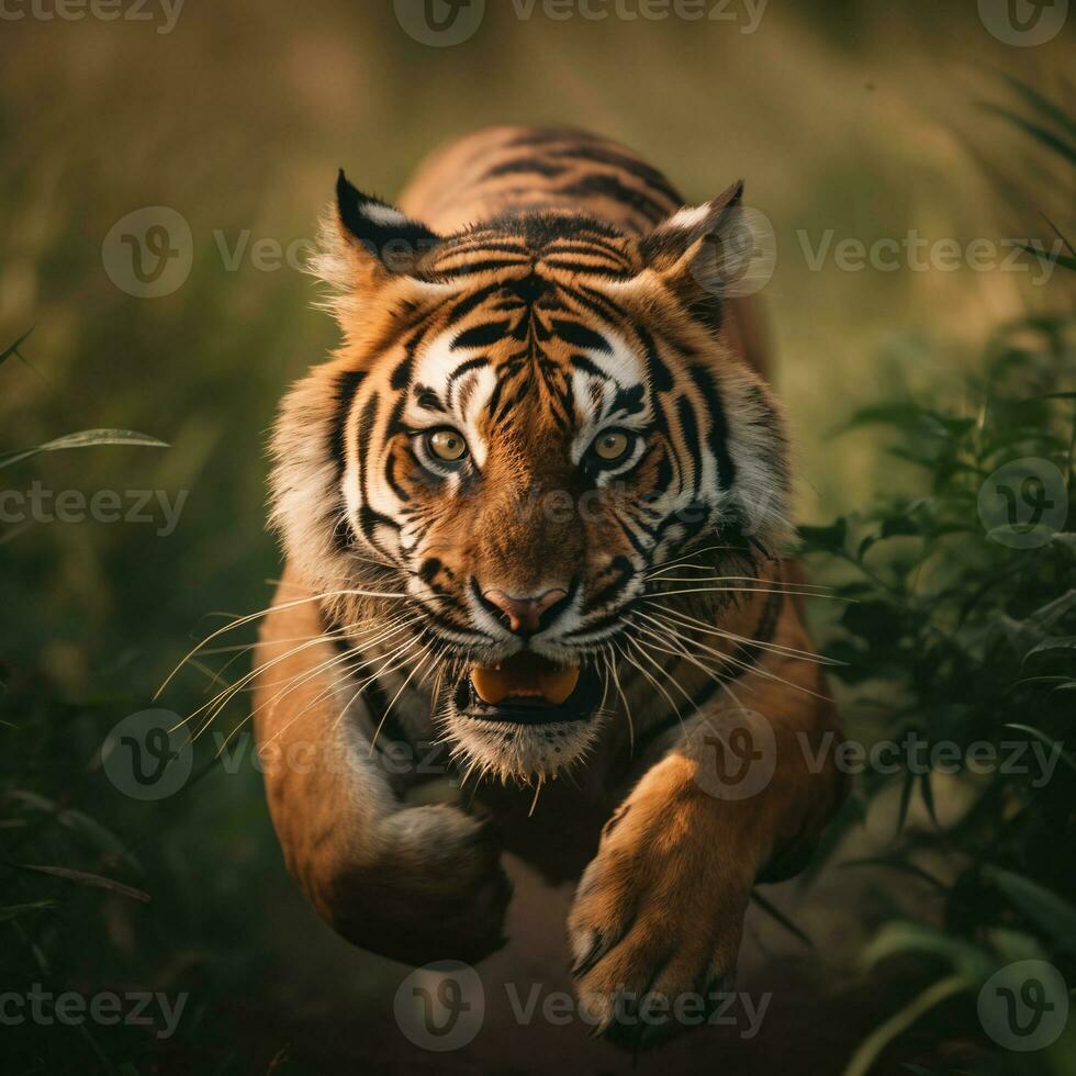 detailed portrait of the tiger animal running, preying, chasing, generative ai photo