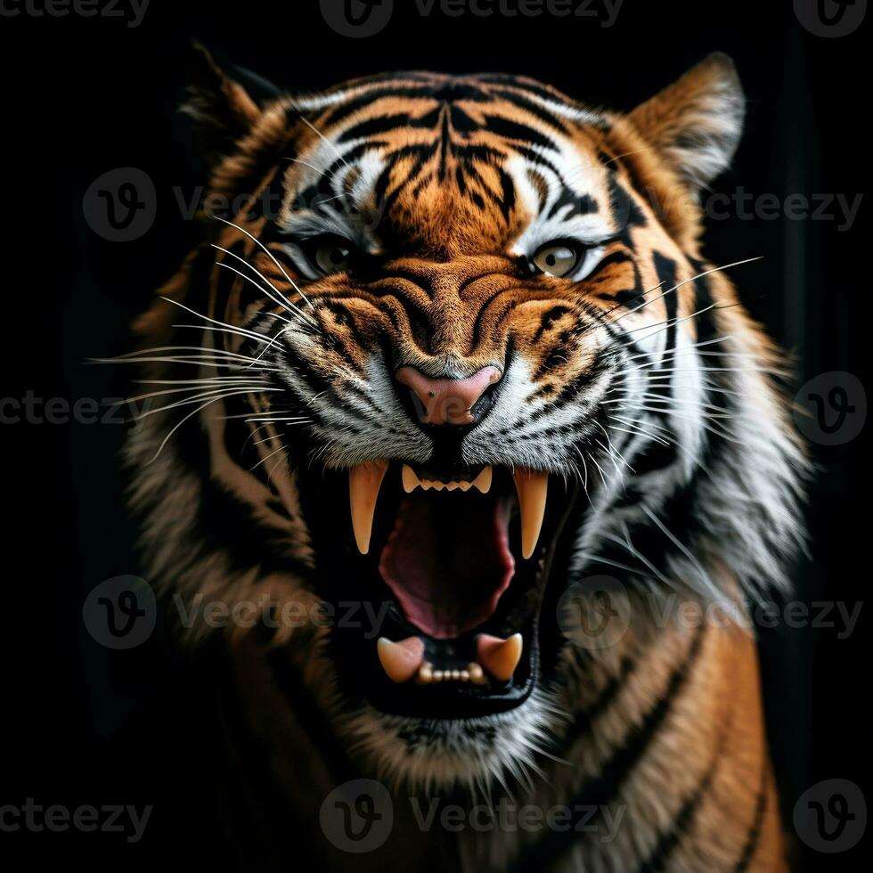 detallado cerca arriba retrato de rugido Tigre animal en negro fondo, generativo ai foto