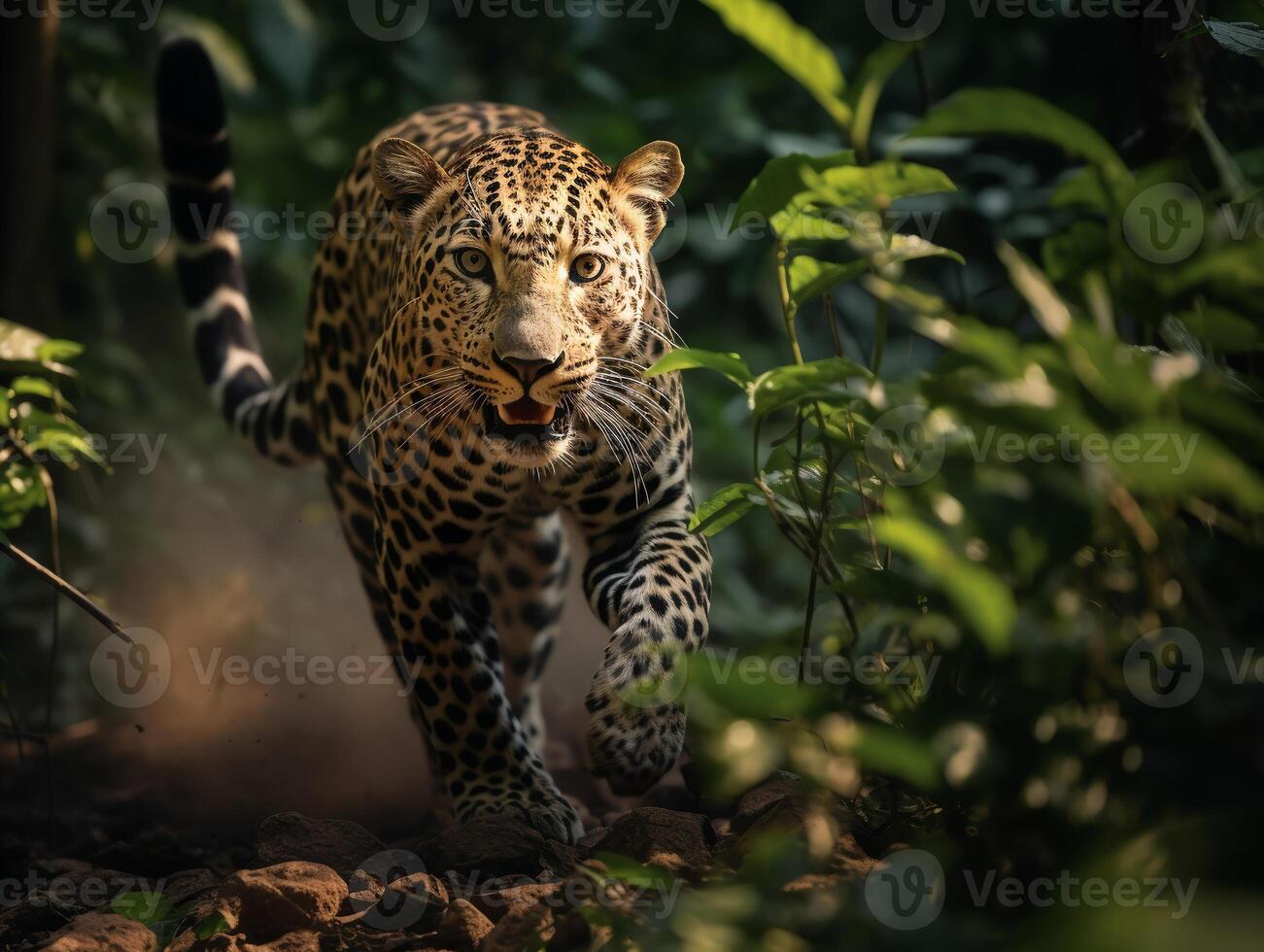 leopardo retrato correr, persecución, cazando, generativo ai foto