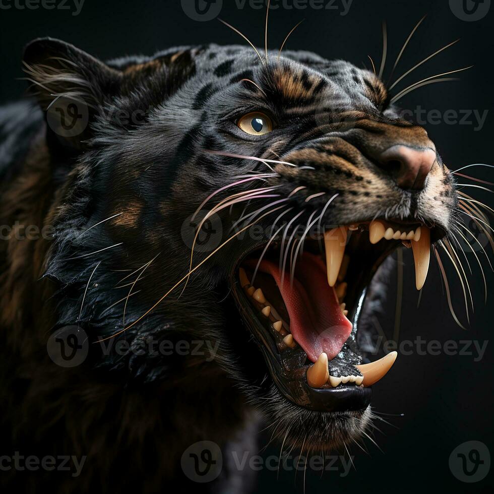 close up detail portrait of animal panther roaring, generative ai photo