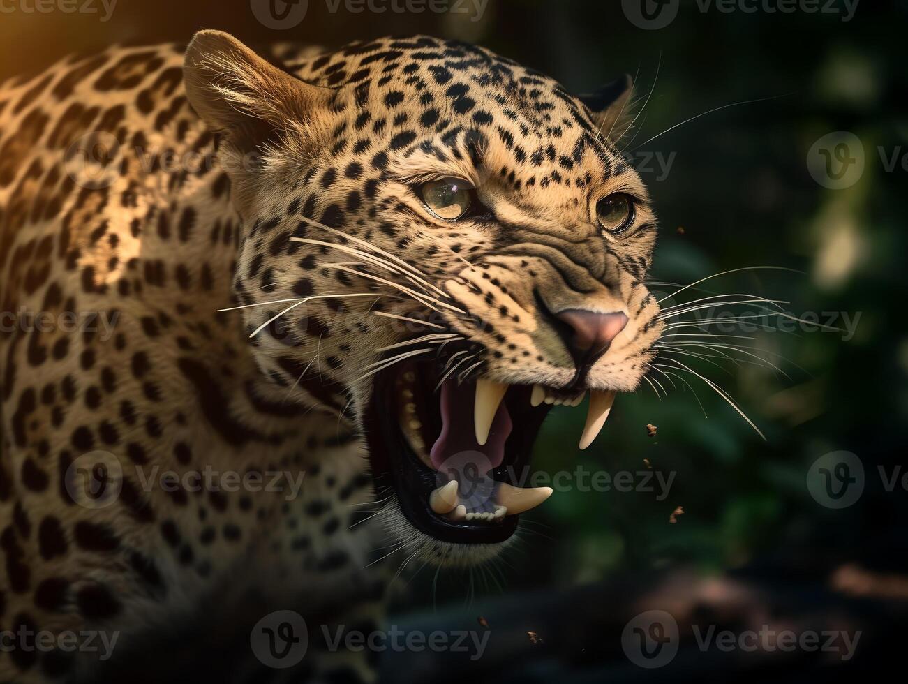 detailed close up portrait of a roaring leopard, generative ai photo