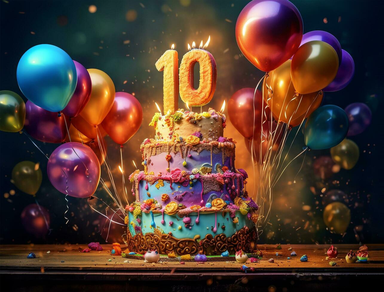 birthday cake design with number 10. 10th birthday poster. generative ai photo