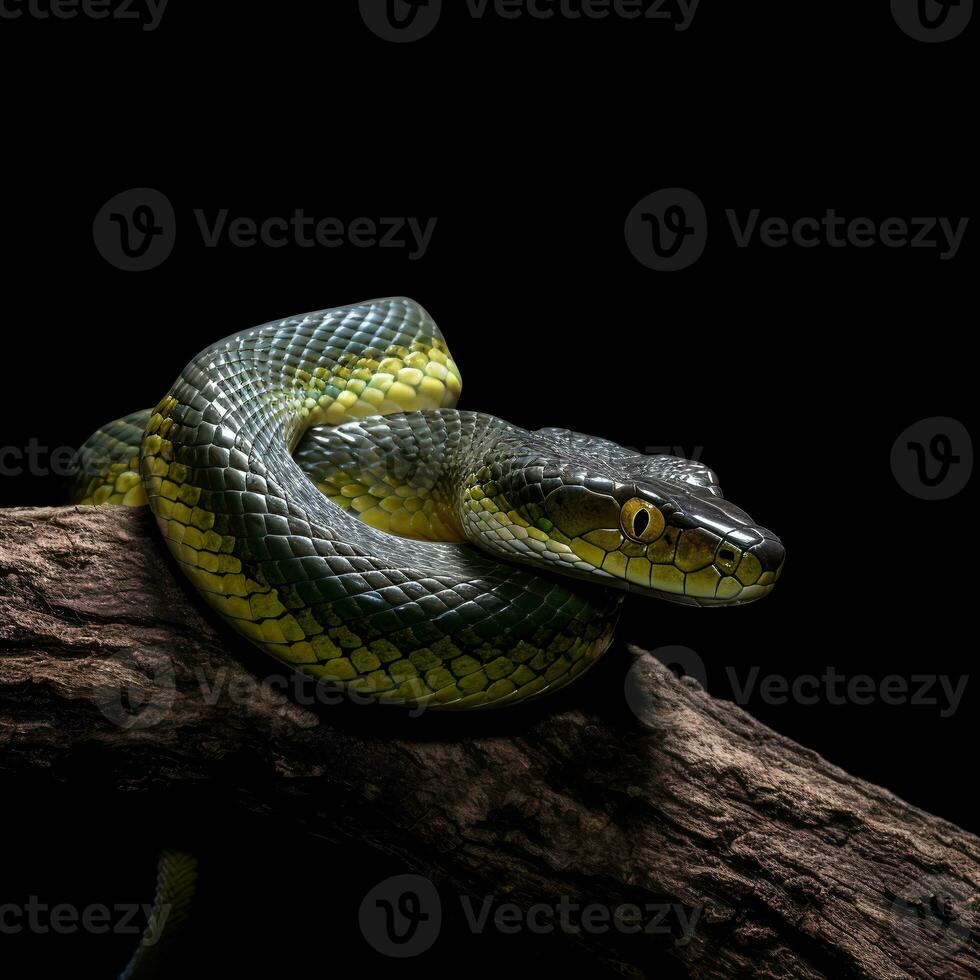 close up portrait of snake on tree trunk isolated on black background, generative ai photo