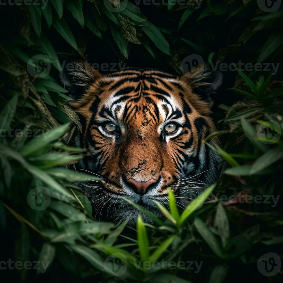 detailed close up portrait of tiger animal in jungle bushes, generative aii photo