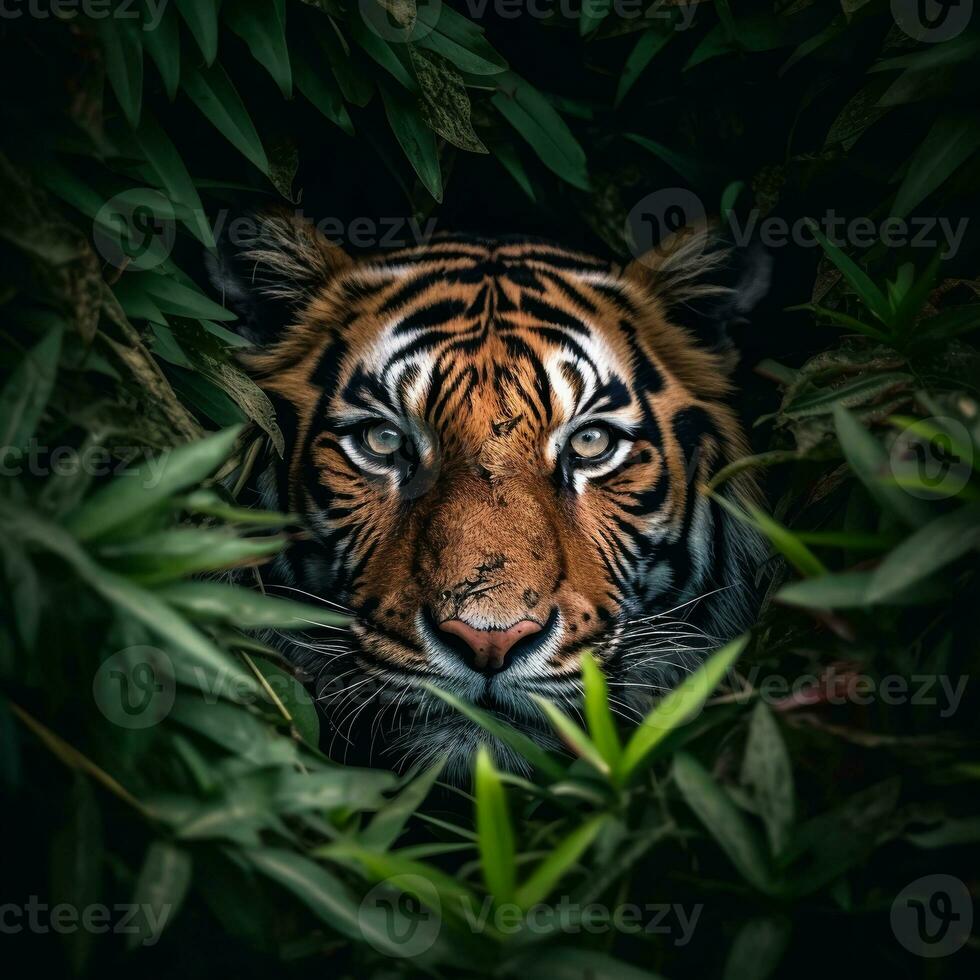 detallado cerca arriba retrato de Tigre animal en selva arbustos, generativo aii foto