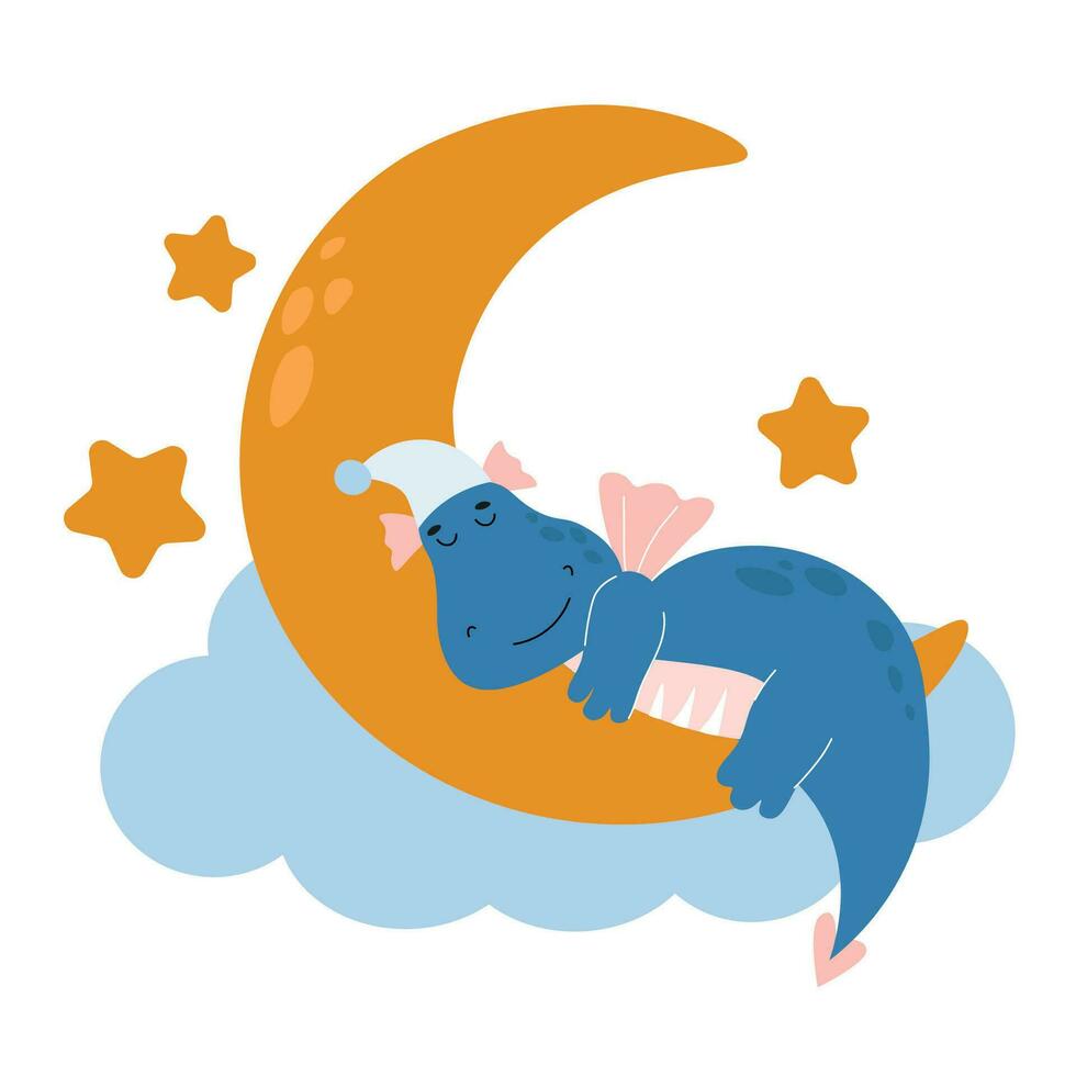 A little baby dragon sleeps on the moon against the background of stars and the night sky. Children's cute illustration with a dinosaur. Vector graphics.
