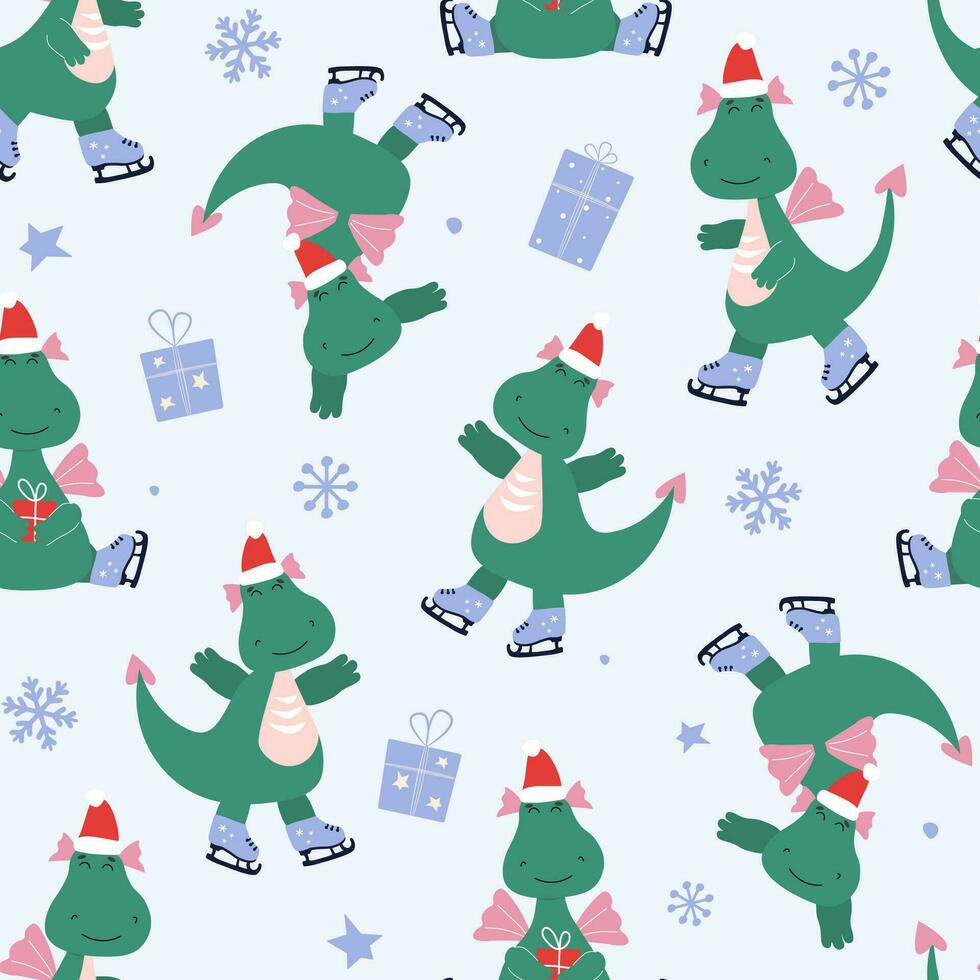 Seamless pattern with dragons on skates. Fantasy cartoon animals, dinosaurs on the winter ice. Vector graphics.