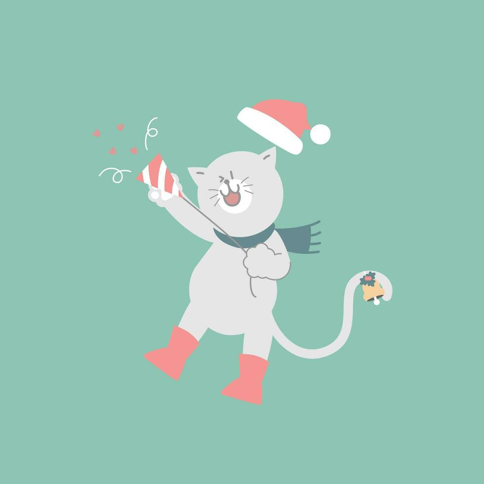 merry christmas and happy new year with cute cat holding party popper, firecracker and confetti in the winter season green background, flat vector illustration cartoon character costume design