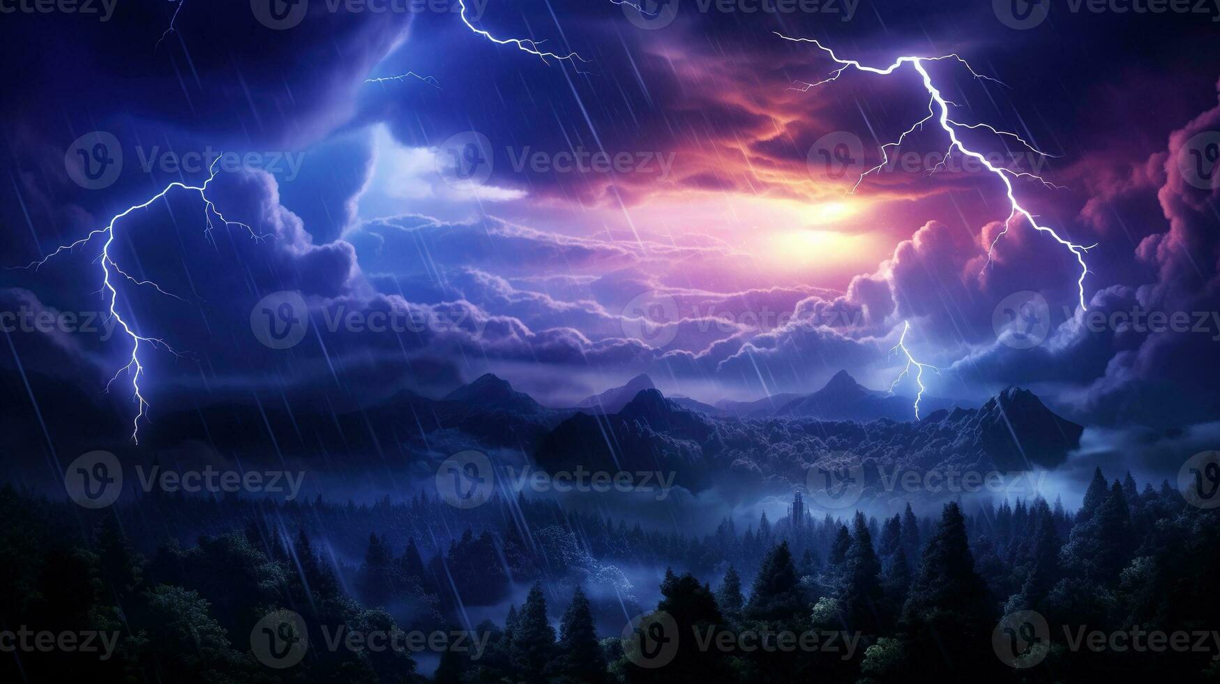 a dark forest with lightning and clouds. AI generativei photo