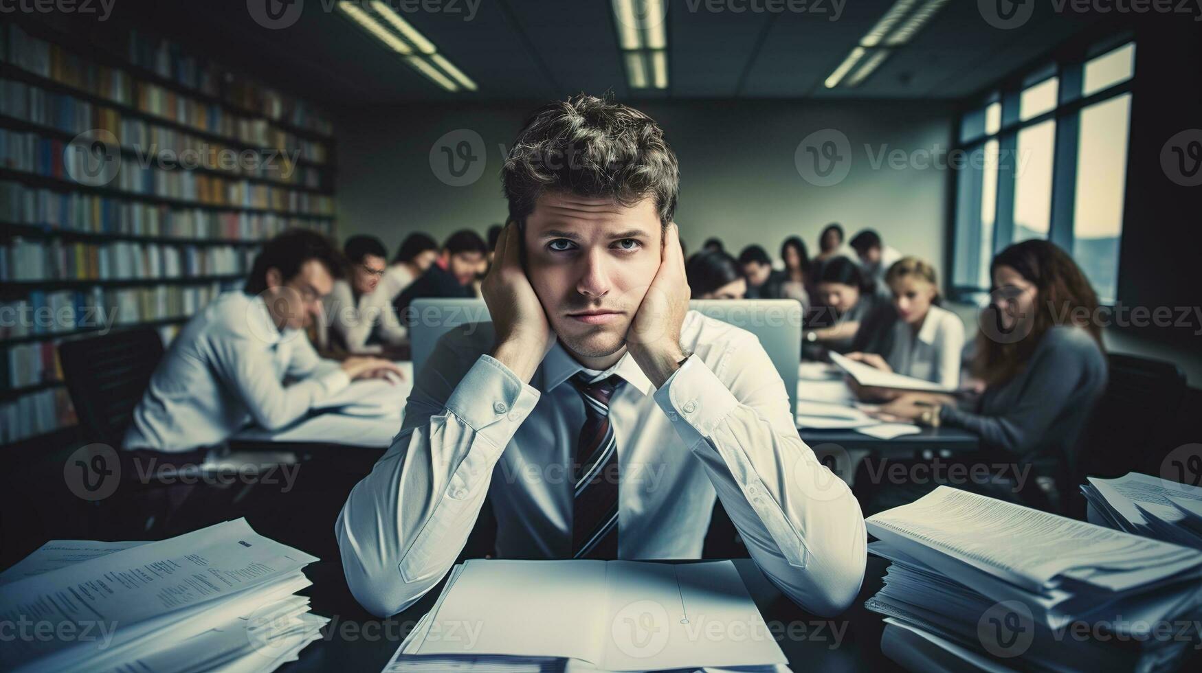 a man sitting at a desk with his head in his hands. AI generative photo