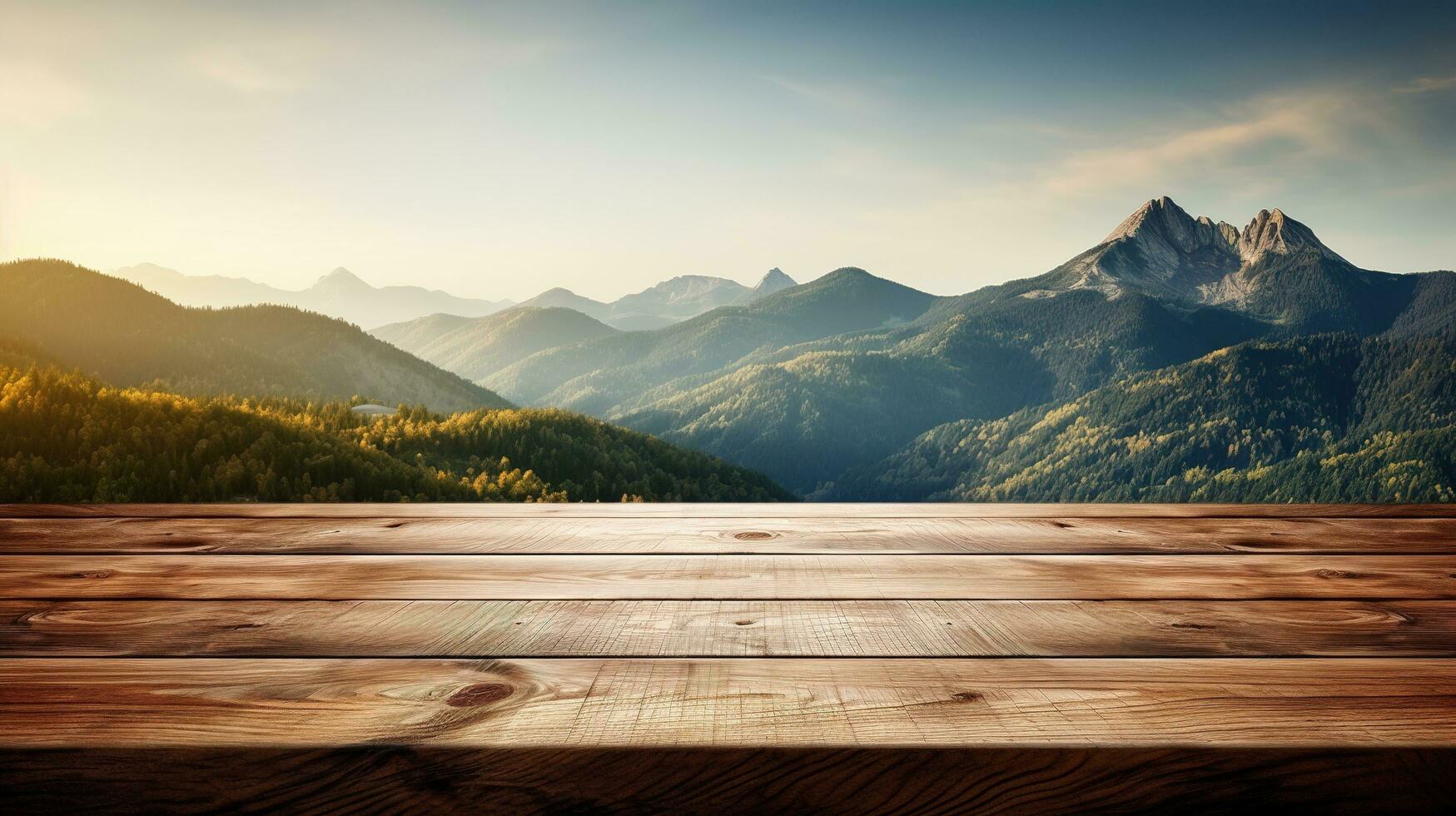 empty wooden table with mountains in the background. AI generative photo