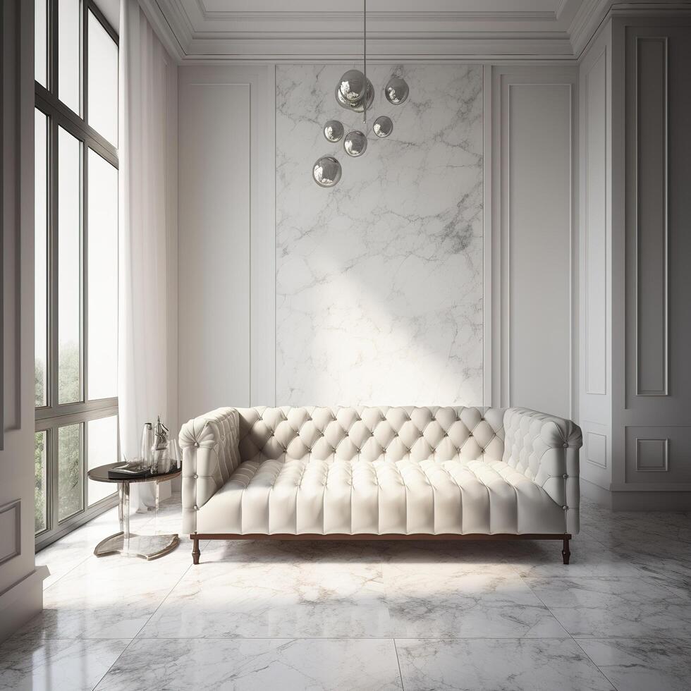 luxury living room with marble walls and white sofa, photo