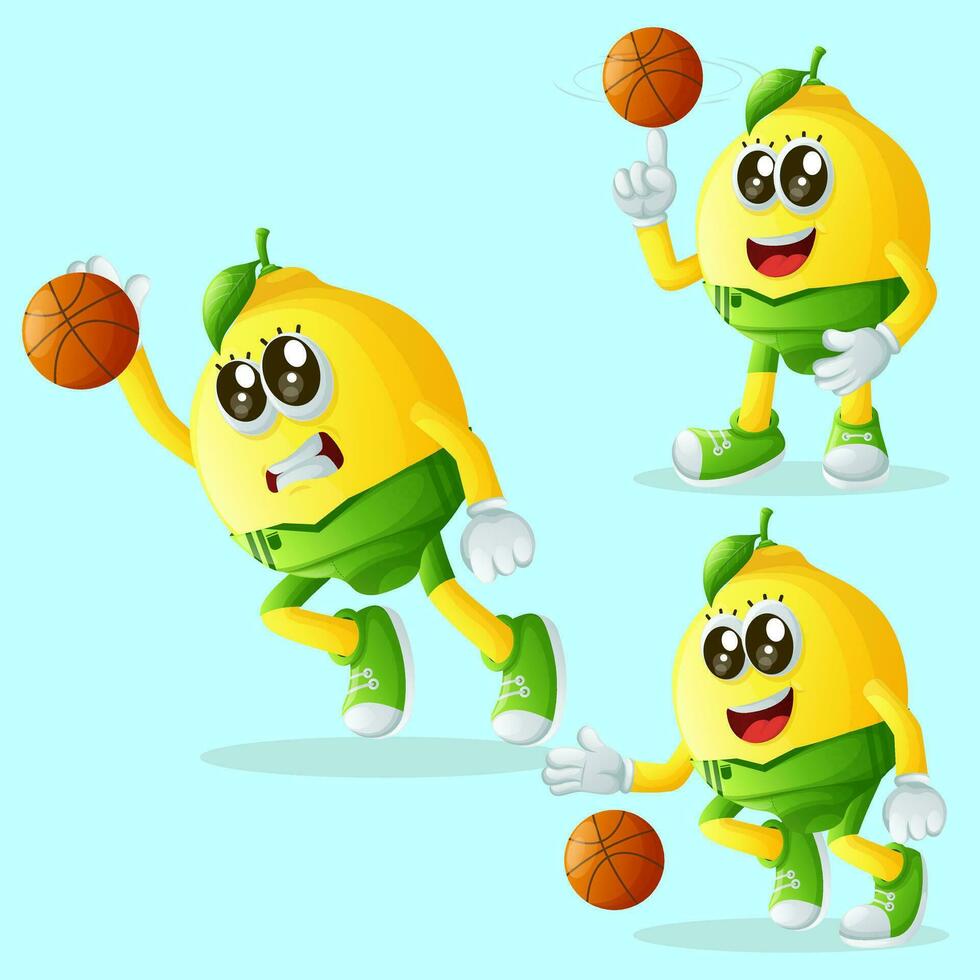 Cute lemon characters playing basketball vector