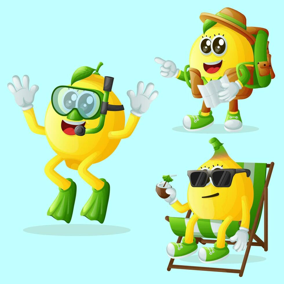 Cute lemon characters on vacation vector