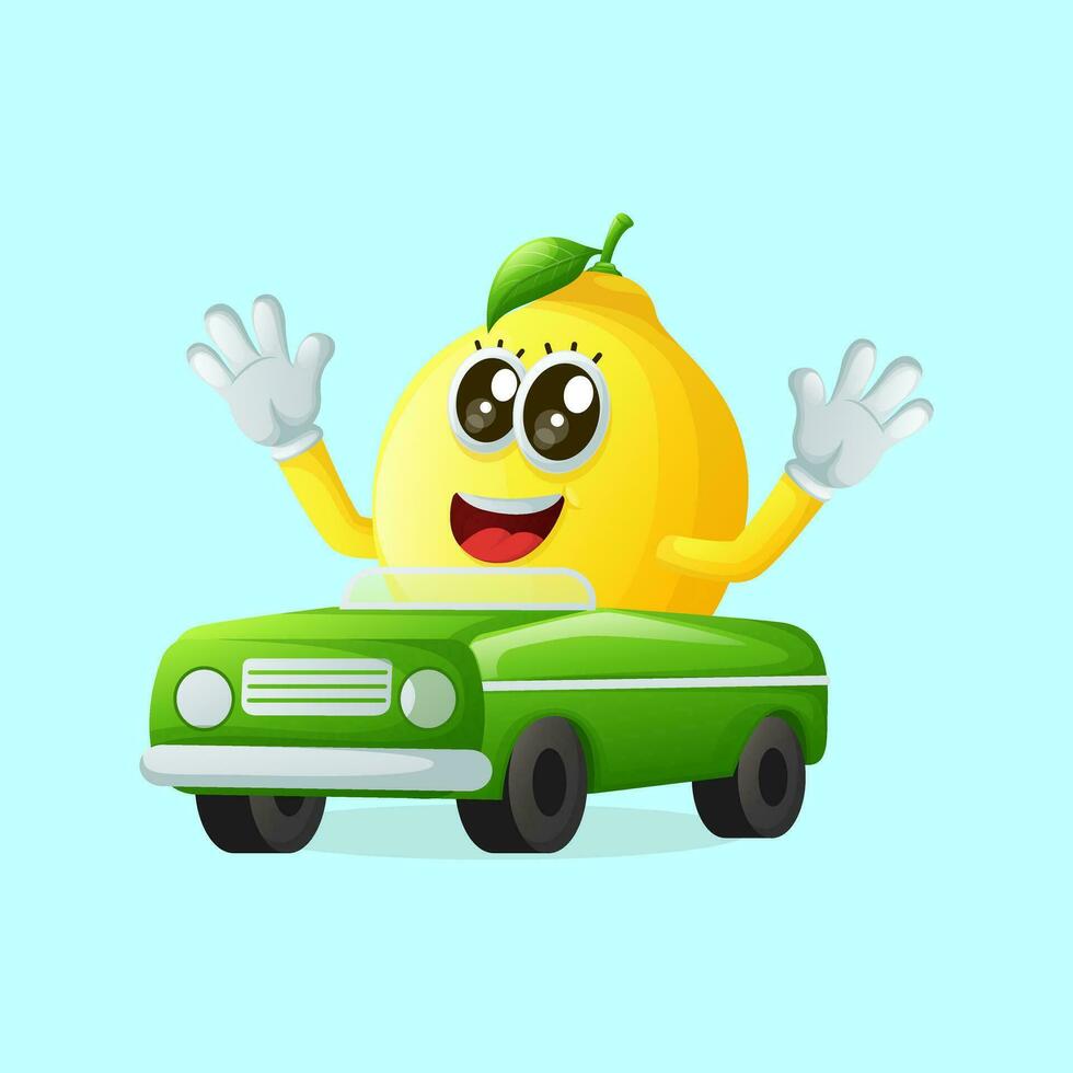 Cute lemon character playing with car toy vector