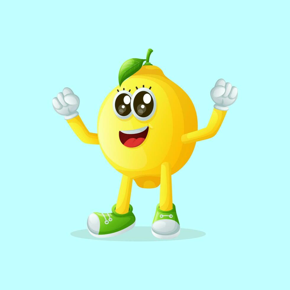 Cute lemon character making a victory sign with his hand vector