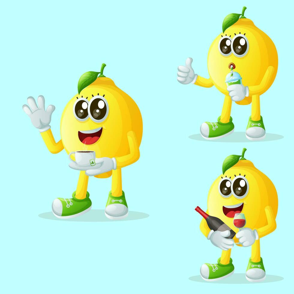 Cute lemon characters enjoying beverages vector