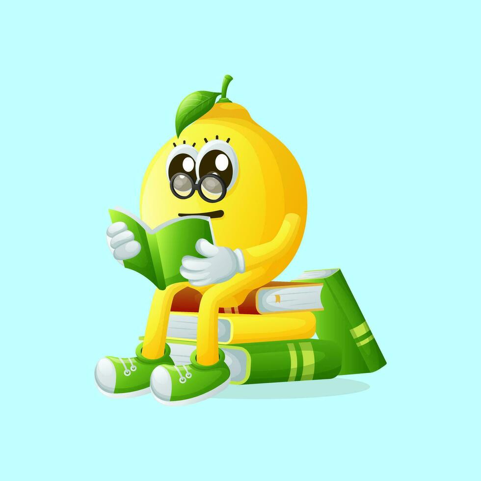 Cute lemon character wearing glasses and reading a book vector