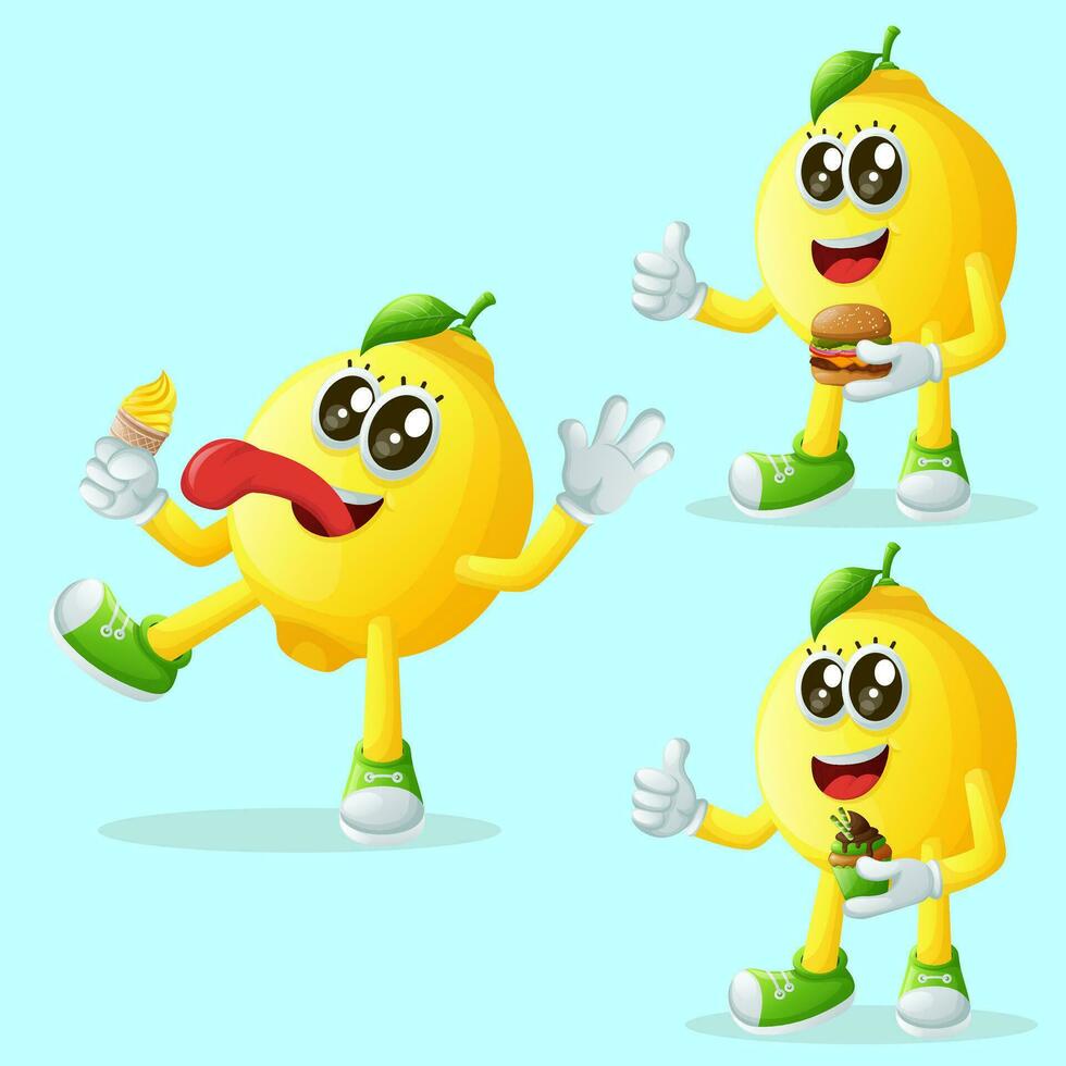 Cute lemon characters enjoying food vector
