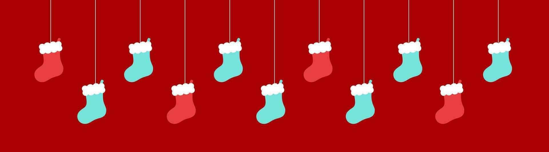 Merry Christmas Border Banner, Hanging Stockings Garland. Winter Holiday Season Header Decoration. Web Banner Template. Vector illustration.