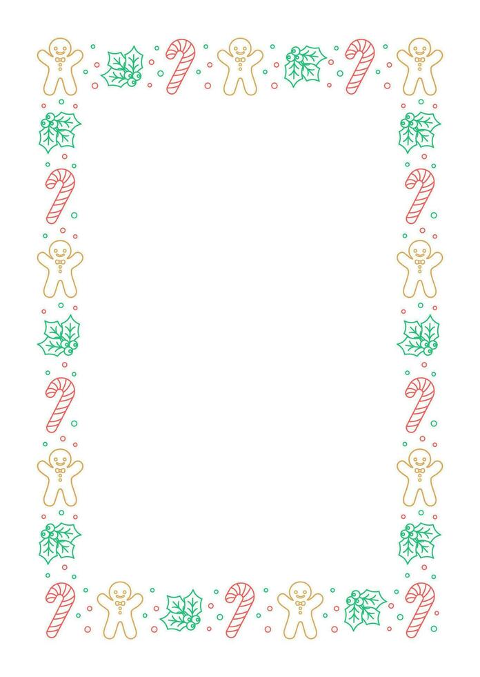 Vertical Rectangle Christmas Frame Border. Gingerbread Cookies, Candy Cane and Mistletoe Pattern Winter Holiday Graphics. Social media post template on white background. Vector illustration.