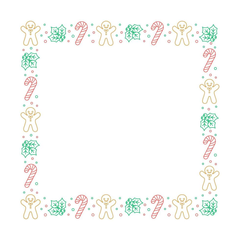 Square Christmas Frame Border. Gingerbread Cookies, Candy Cane and Mistletoe Pattern Winter Holiday Graphics. Social media post template on white background. Isolated vector illustration.
