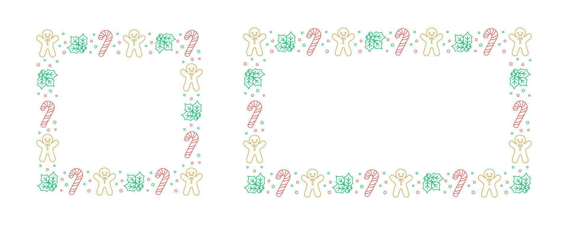Square and Rectangle Christmas Frame Border Set. Gingerbread Cookies, Candy Cane and Mistletoe Pattern Winter Holiday Graphics. Social media post template, vector illustration.