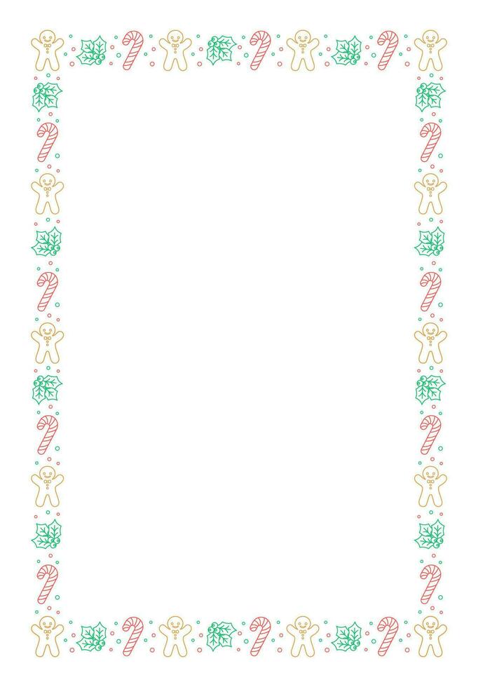 Vertical Rectangle Christmas Frame Border. Gingerbread Cookies, Candy Cane and Mistletoe Pattern Winter Holiday Graphics. Social media post template on white background. Vector illustration.