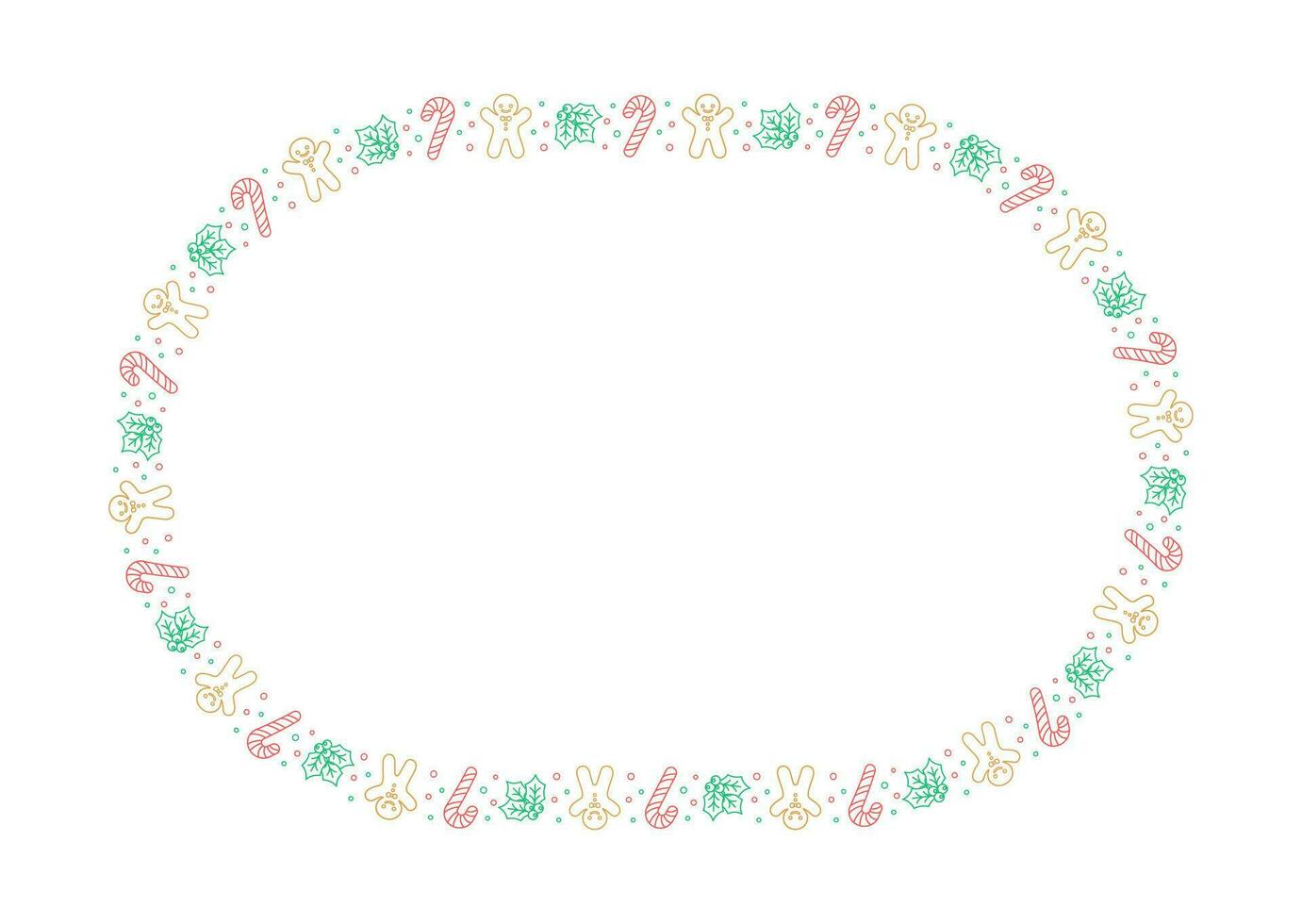 Oval Christmas Frame Border. Gingerbread Cookies, Candy Cane and Mistletoe Pattern Winter Holiday Graphics. Social media post template on white background. Isolated vector illustration.