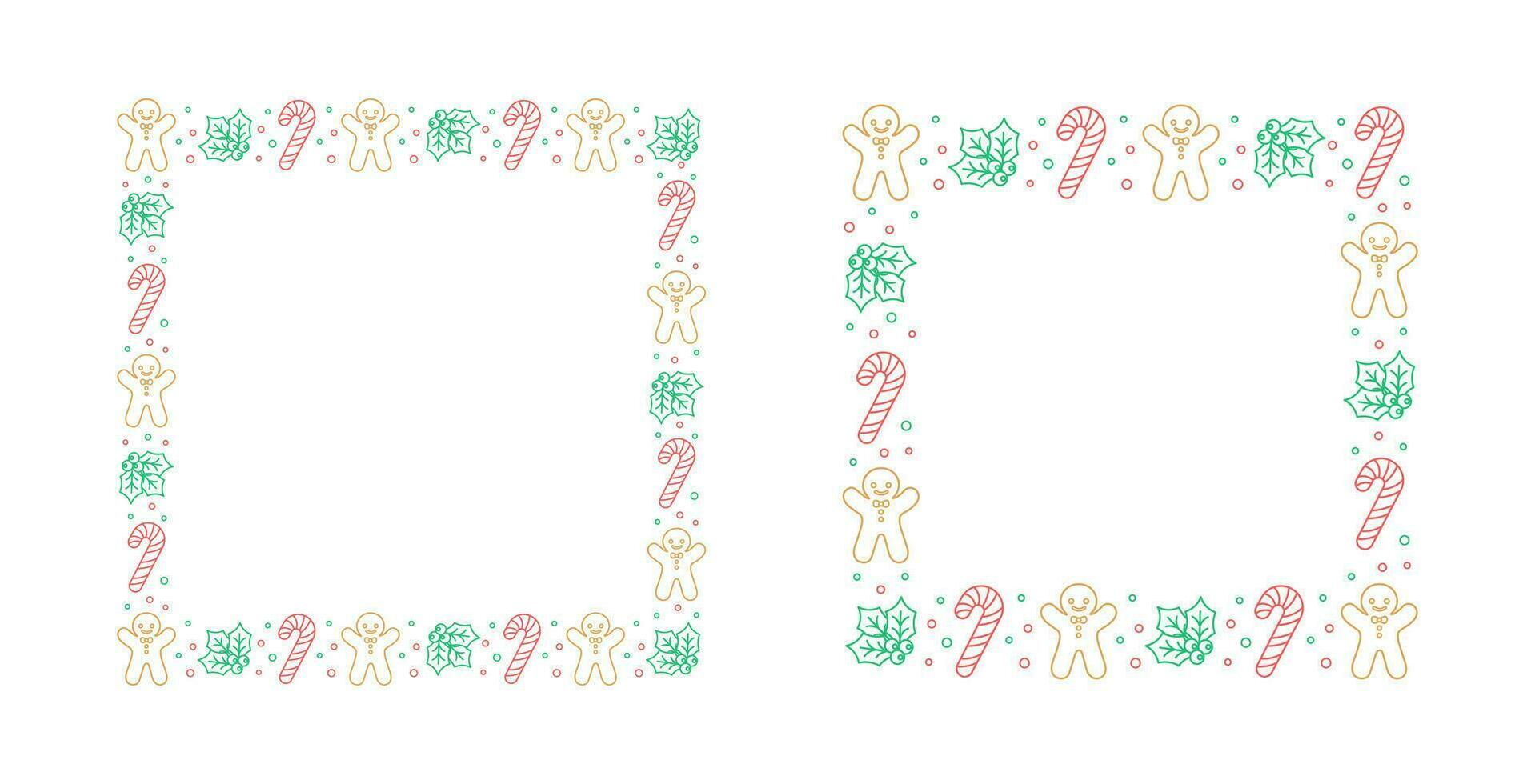 Square Christmas Frame Border. Gingerbread Cookies Set, Candy Cane and Mistletoe Pattern Winter Holiday Graphics. Social media post template on white background. Vector illustration.