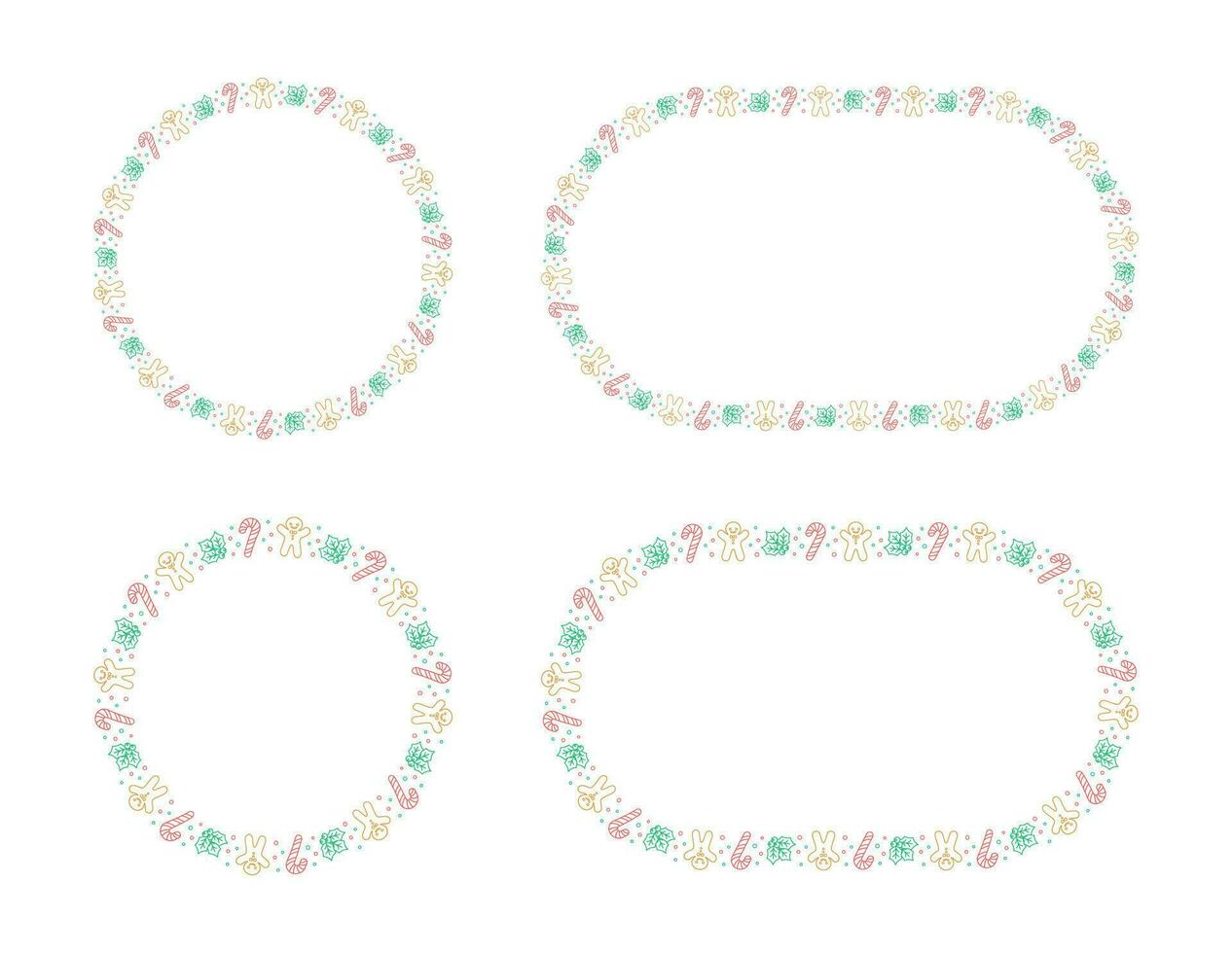 Round Christmas Frame Border set. Gingerbread Cookies, Candy Cane and Mistletoe Pattern Winter Holiday Graphics. Social media post template on white background. Vector illustration.