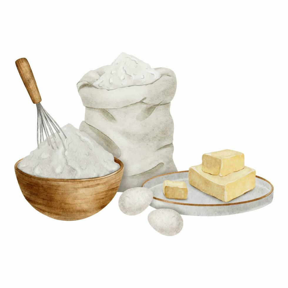 Flour in canvas bag and bowl. Whisk culinary, Butter, eggs. Watercolor illustration. Isolated. Baking ingredients. Culinary clipart for recipe book, food blog, design of label,packaging of good, card vector