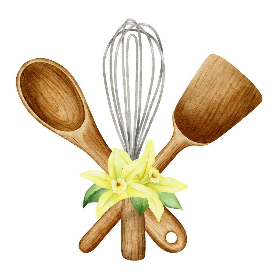 Wooden whisk, scoop and spoon. Kitchen utensils with yellow vanilla flowers. Kitchen utensils. Watercolor illustration. Isolated. Design element for cookbook, menus, recipe, food label, packaging vector