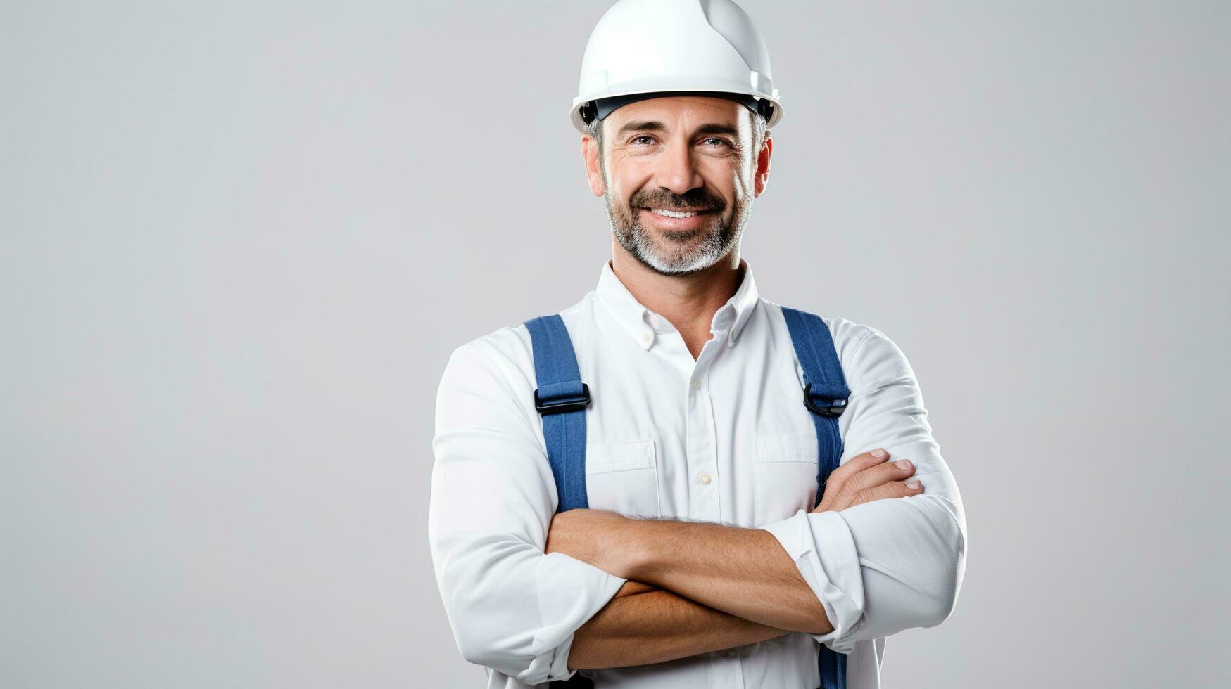 retrato de sonriente masculino construcción trabajador aislado en gris antecedentes. ai generativo foto