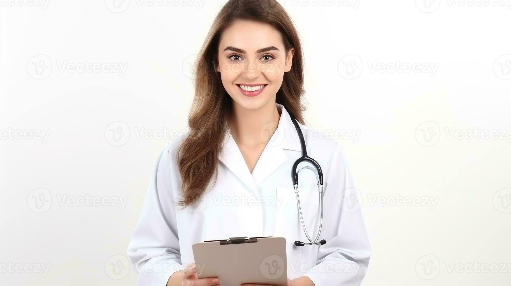 un mujer en un blanco Saco participación un portapapeles. generativo ai foto